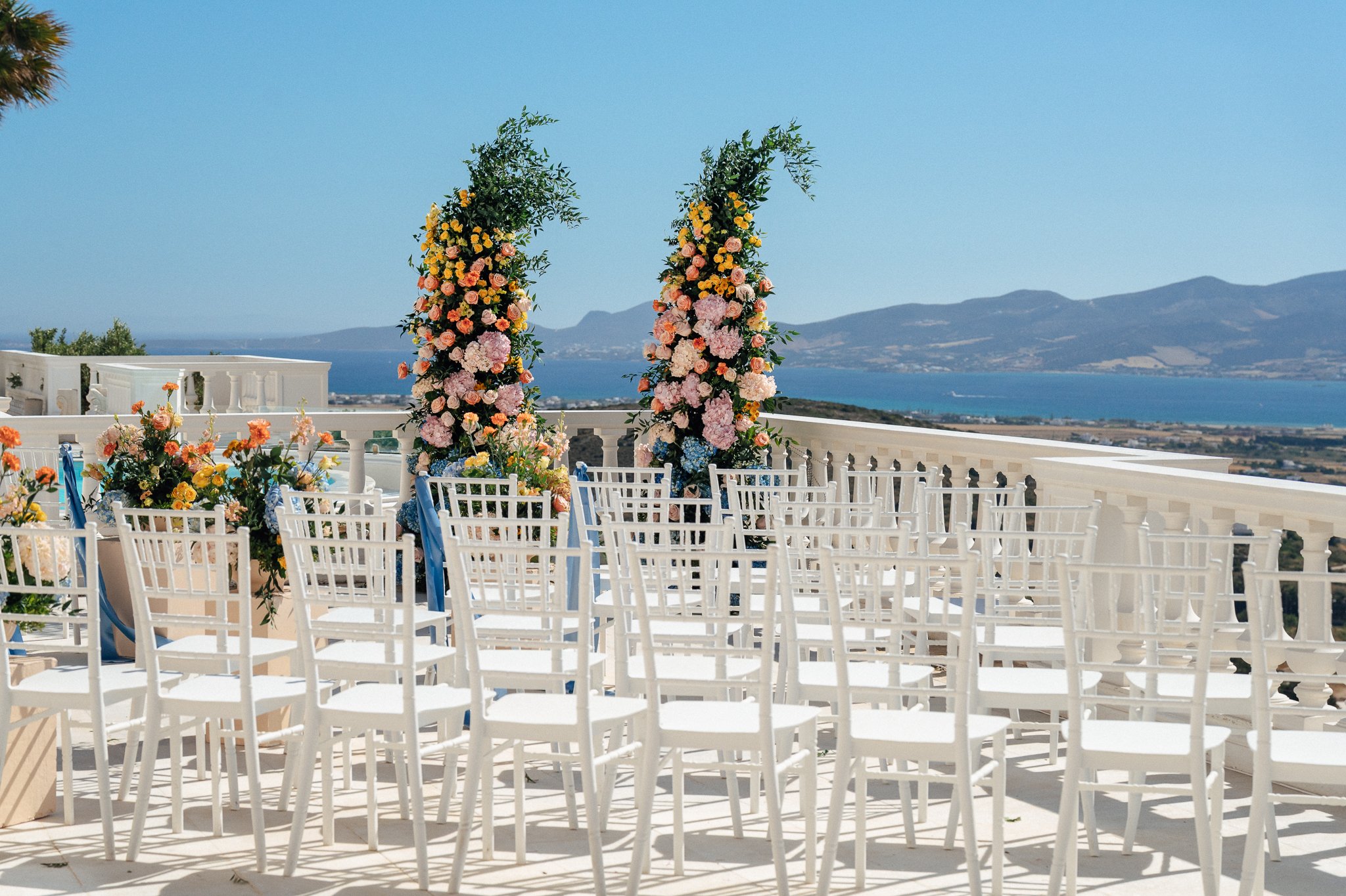 Wedding ceremony setup overlooking the sea in Paros, Greece